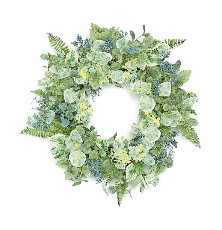 Select Artificials, Inc. - Wholesale Wreath - Sage Hydrangea & Mixed Foliage, Wreath, 24", Sage