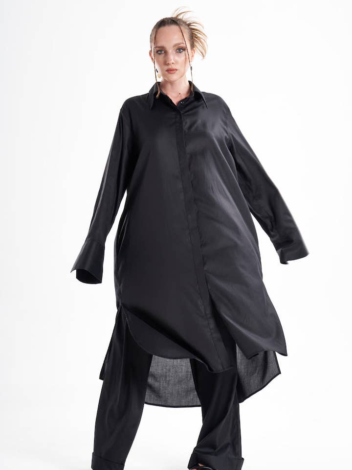 ETNA – wholesale Dress – Women's – Aitna Long Black Organic Finest Fabric Shirt Dress0