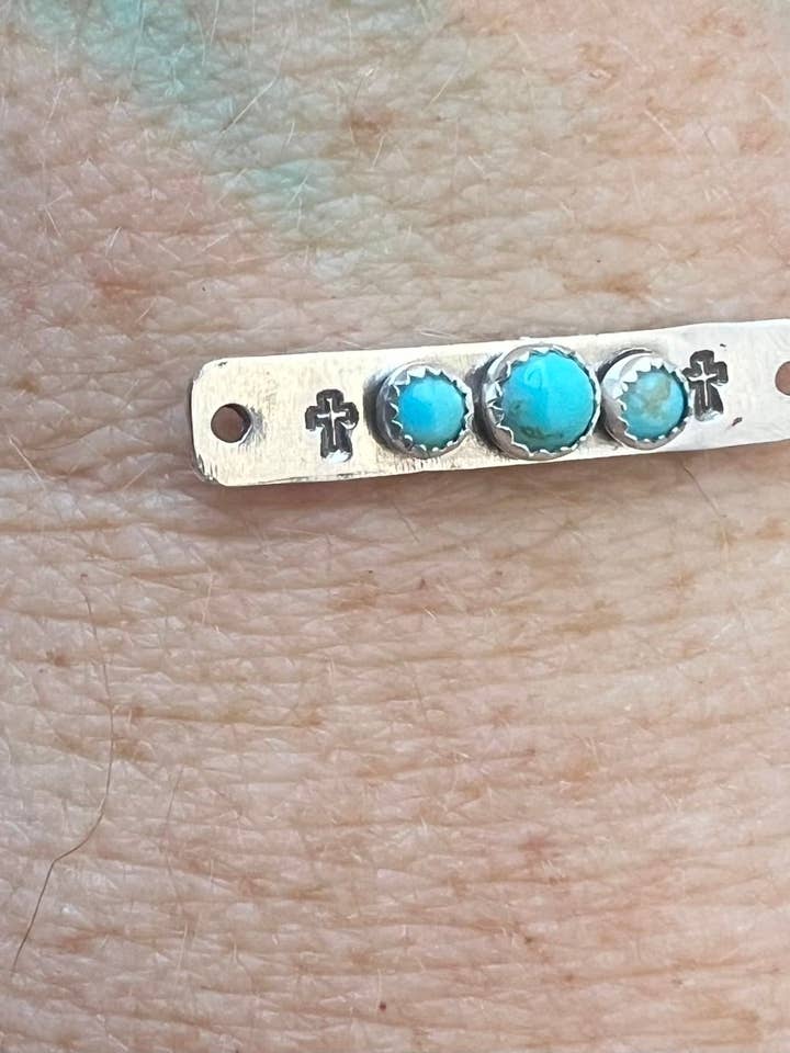 Sterling Silver Stamped Cross Connector w/3 Kingman Turquoise Stones for wholesale by Desert Darlings Silver