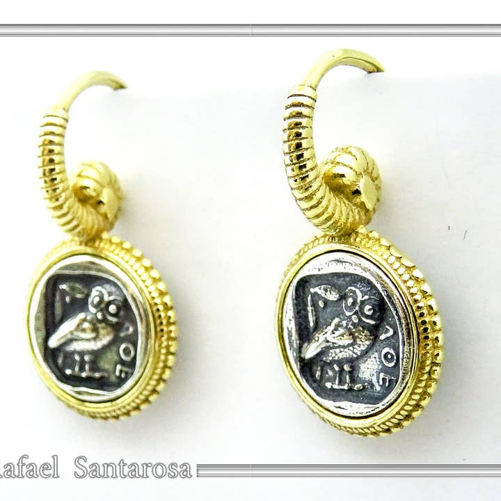 RAFAEL SANTAROSA – wholesale Hängande örhängen – Uggla mynt Tetradrachmon örhängen på sterling silver