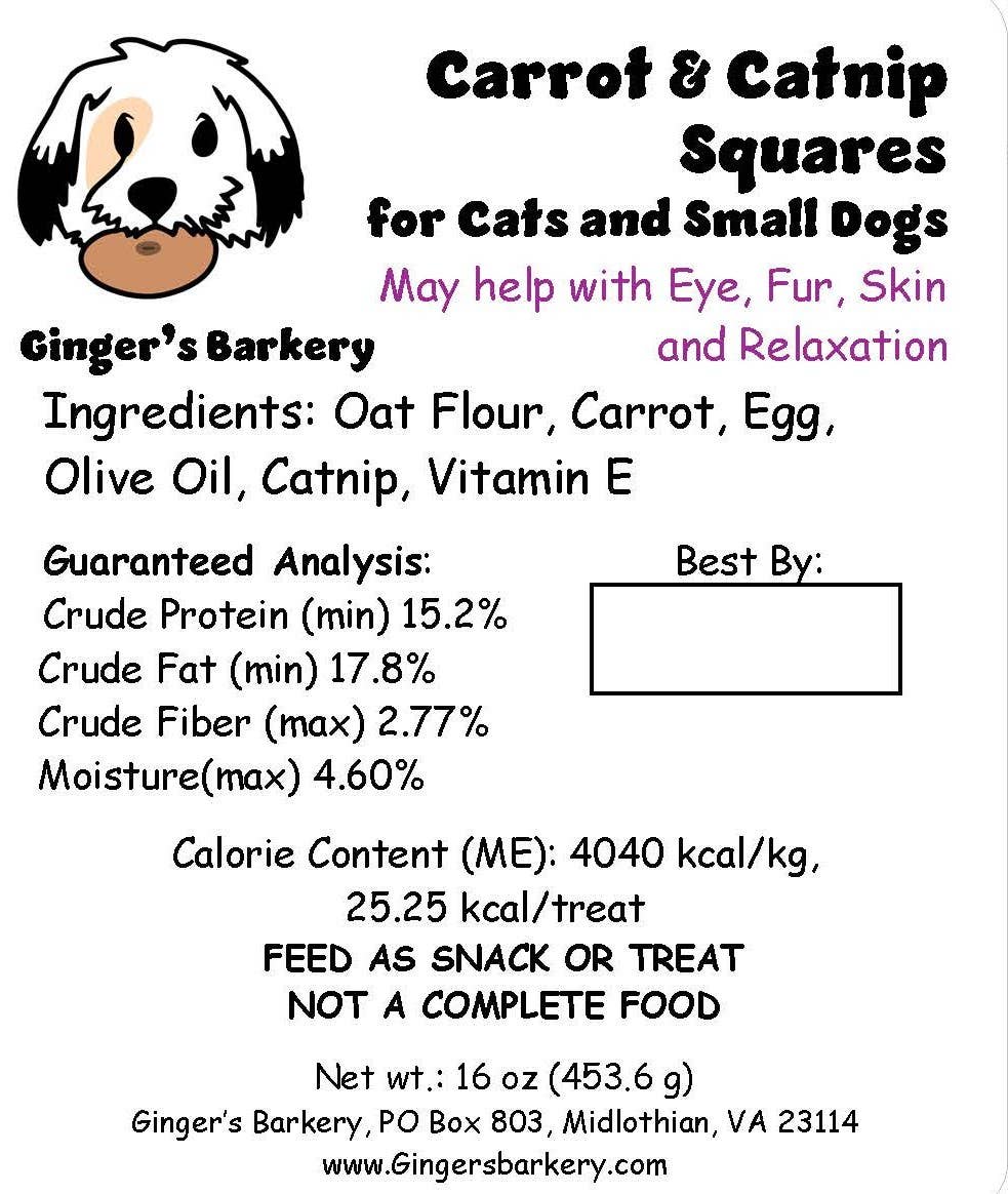 Ginger's Barkery - Wholesale Pet Treats - Cat - Carrot and Catnip Squares4