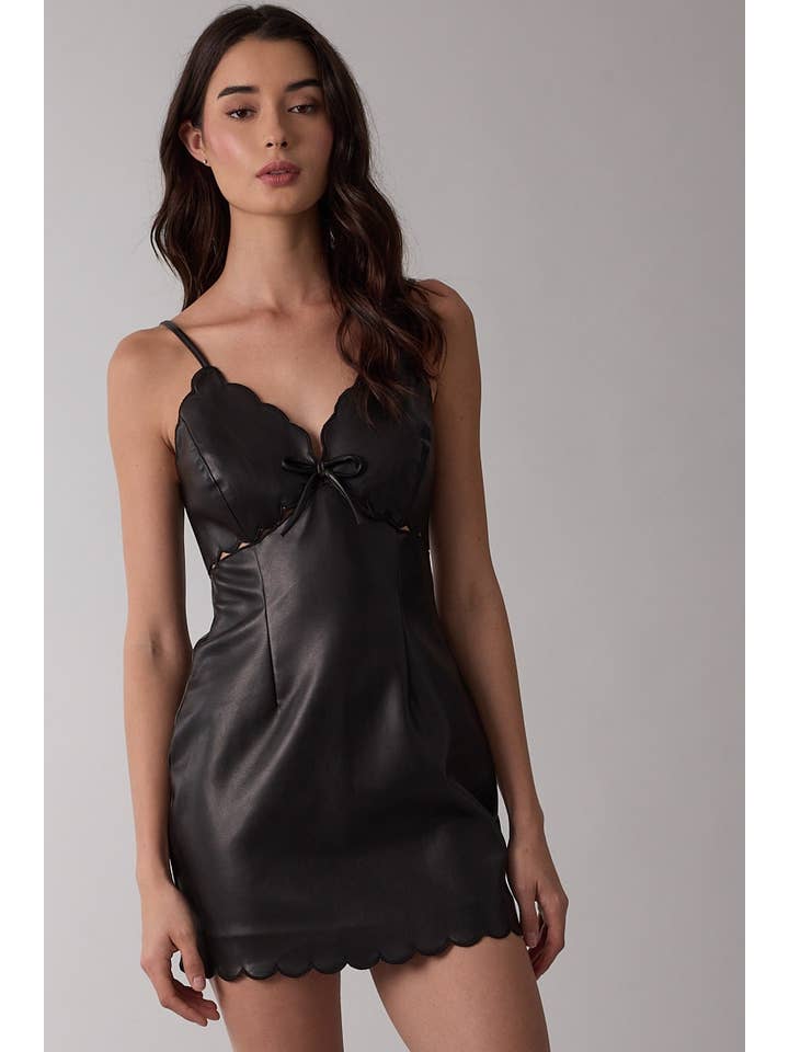 BLACK FAUX LEATHER SCALLOP CUT V-NECK MINI DRESS for wholesale on Faire