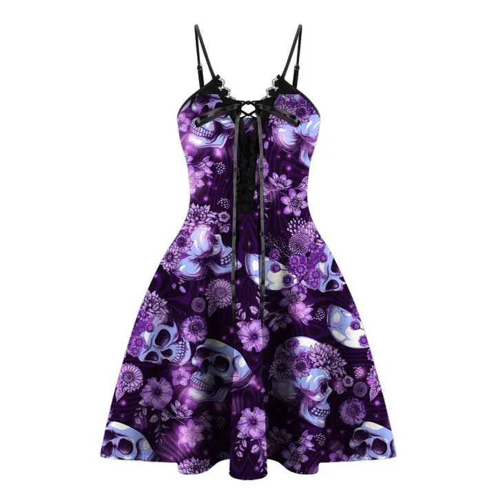 Vestido Casual Gótico com Estampa de Caveira e Cordões Spaghetti por atacado de SALINA TRADING INC