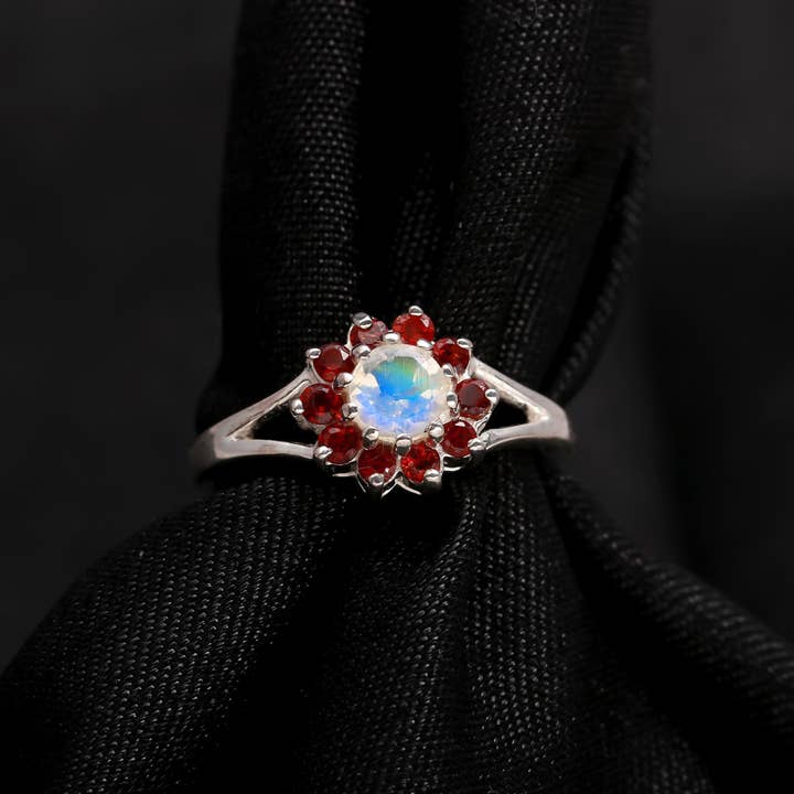 AG 925 JEWELLERY - Wholesale Multi-Stone Ring - 925 Silver Moonstone and Garnet Floral Ring3