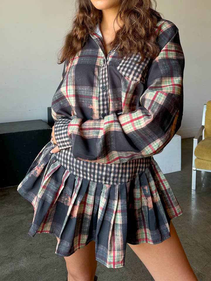 TWO PIECE PLAID BUTTON UP SHIRT MINI SKIRT SET for wholesale by FRECKLE LOS ANGELES