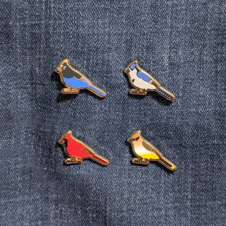 Crested Bird Mini Pins - Cedar Waxwing, Blue Jay & More for wholesale by Brylliant Design LLC
