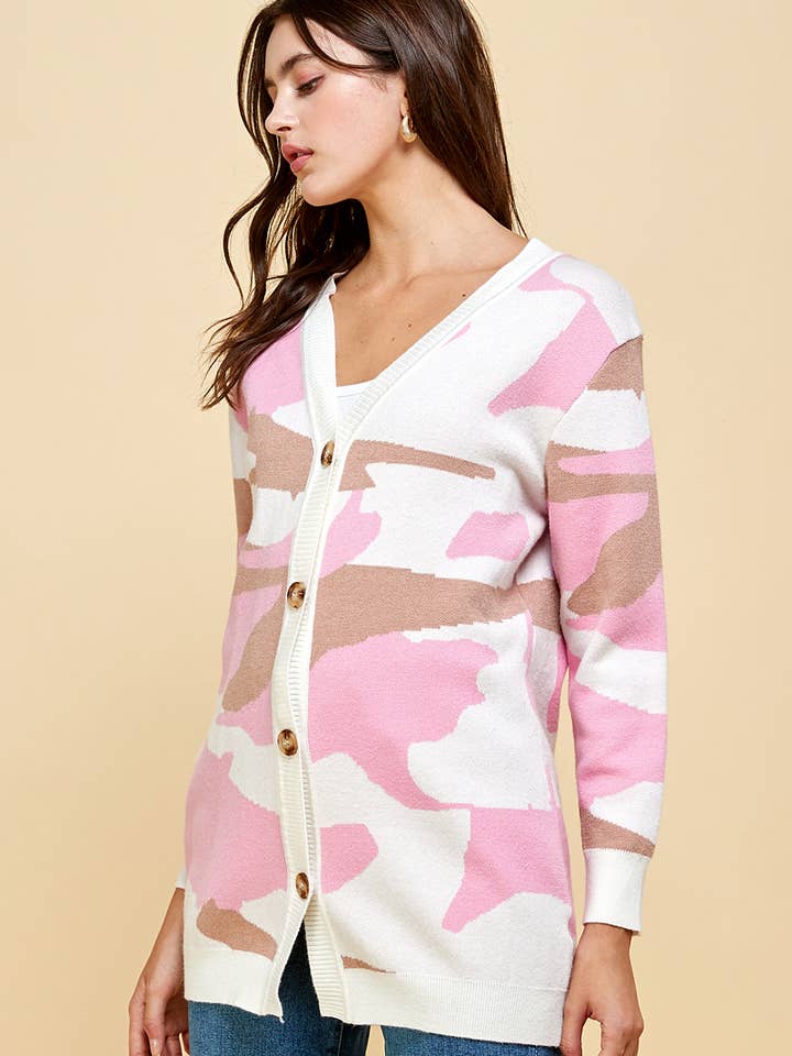 ST# FCL1257SW Camouflage Sweater Cardigan for engroshandel hos OLIVE MAUVE