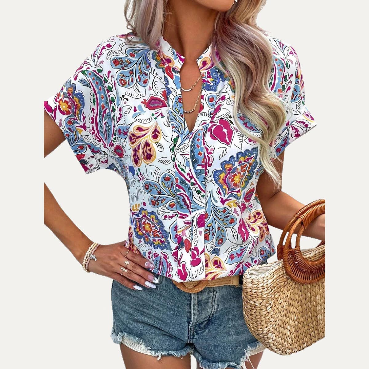 The Moment Collection – wholesale Buttoned-down shirt – Women's – Always Trendy Multi-Color Printed V-Neck Short Sleeve Top6