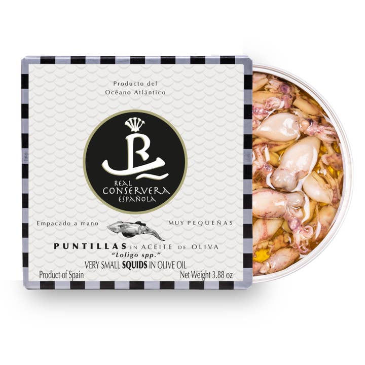 Small Squids ¨Puntillas¨ in Olive Oil, Real Conservera Espan for wholesale by Spanish Colmado by Ibericos USA
