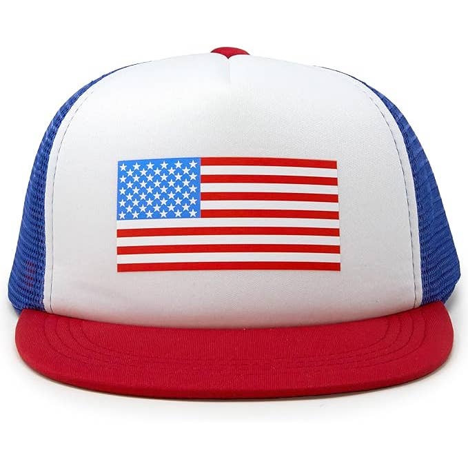 Funky Junque - Wholesale Kids Hat - Kids - Flat Brim Trucker Hat - American Flag - Red/White/Blue