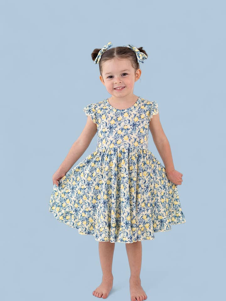 Dream Big Little Co. - Wholesale Dress - Kids - VINTAGE CITRUS TOILE CAP SLEEVE DREAM RUFFLE DRESS