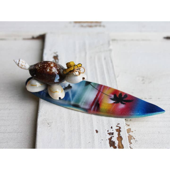 California Seashell Company - Wholesale Decorative Figurine - Large Surfin' Turtle with Color Surfboard