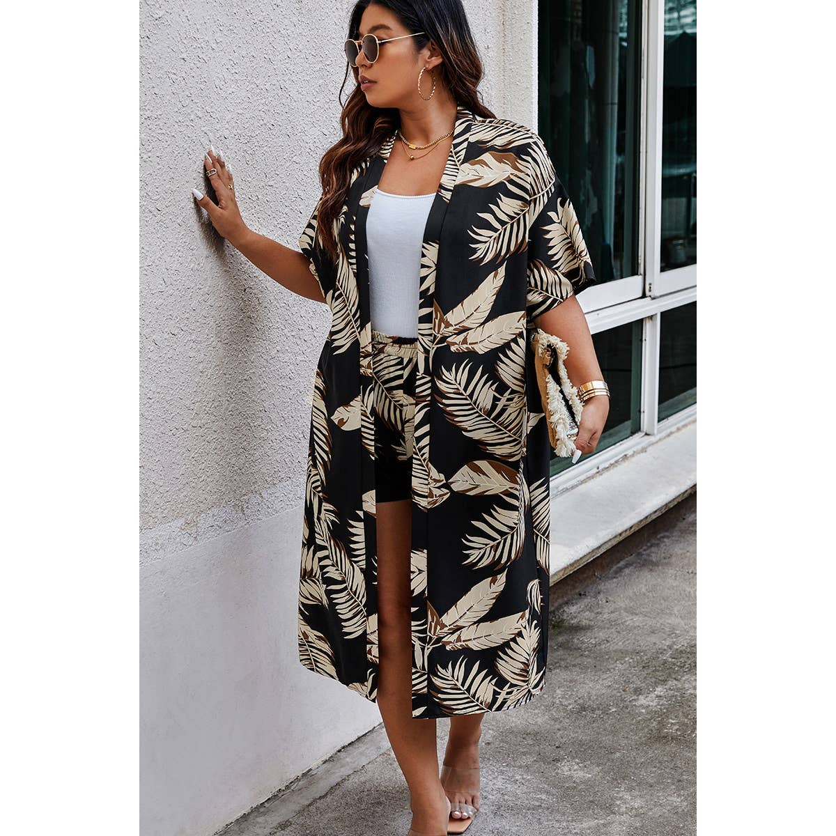 Supreme Fashion - Vendita all'ingrosso Completo top e pantaloncini (NON loungewear) - Donna - Set di pantaloncini elastici in vita con tasche con stampa a foglie Plus4