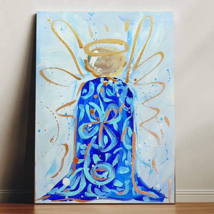Impression sur toile d'ange bleu et blanc - Peinture d'art chrétien religieux pour la vente par Audra Style