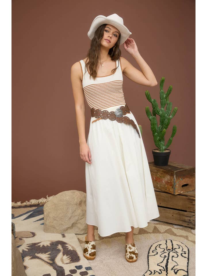 MINE - Wholesale Dress - Women's - STRIPE SWEATER TANK WOVEN SKIRT MIDI DRESS