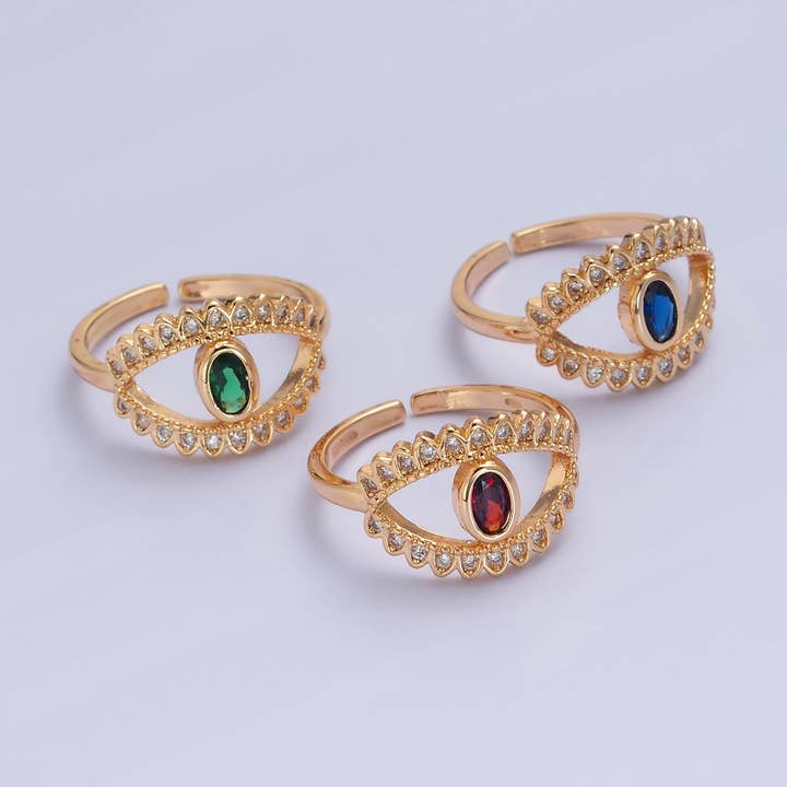 Colorful CZ Stone Gold Evil Eye Adjustable Ring O2244~O2246 for wholesale by Aim Eternal