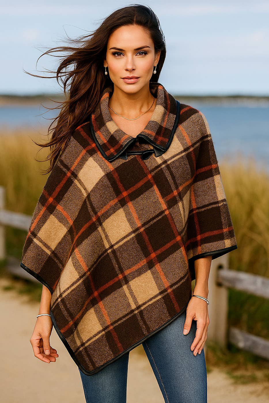 LTX Sportswear - Wholesale Poncho - Women's - 349 Camel Beige & Burnt Sienna Plaid Poncho