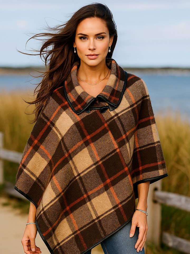 349 Camel Beige & Burnt Sienna Plaid Poncho for wholesale by LTX Sportswear