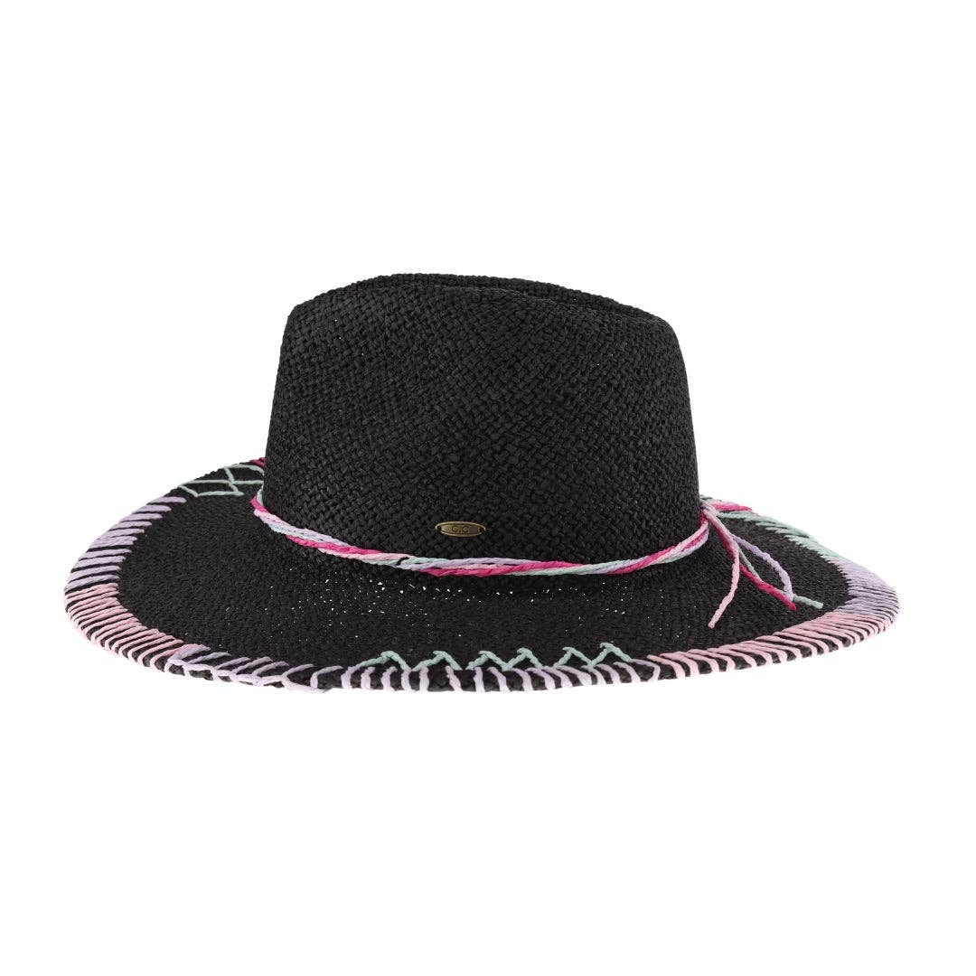 Black Multi-colored Decorative Stitch C.C Panama Hat STC04 for wholesale on Faire1