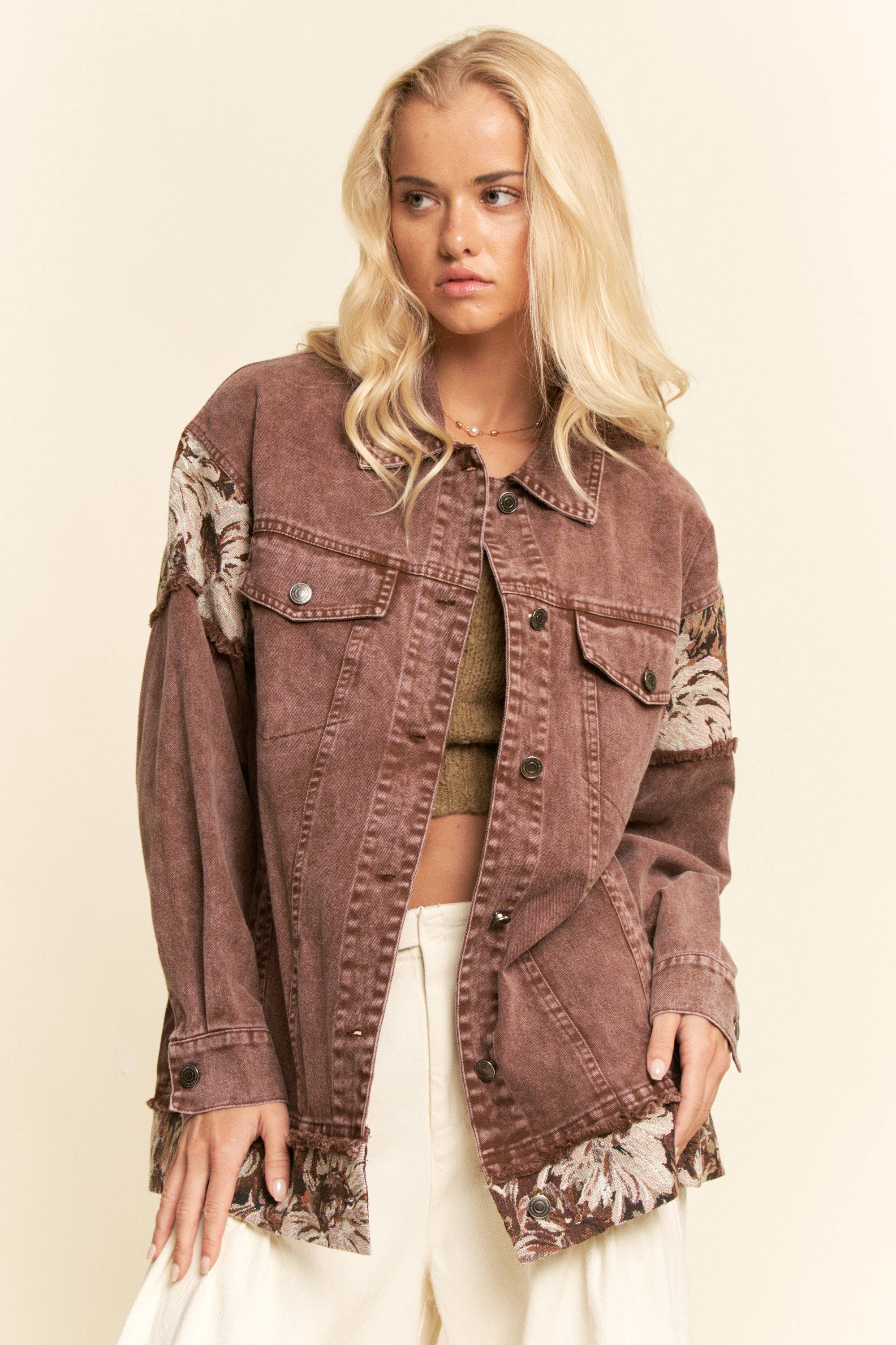 Davi & Dani - Wholesale Jacket - Women's - STONE WASHED DENIM JACQUARD PANEL MIDI JACKET13