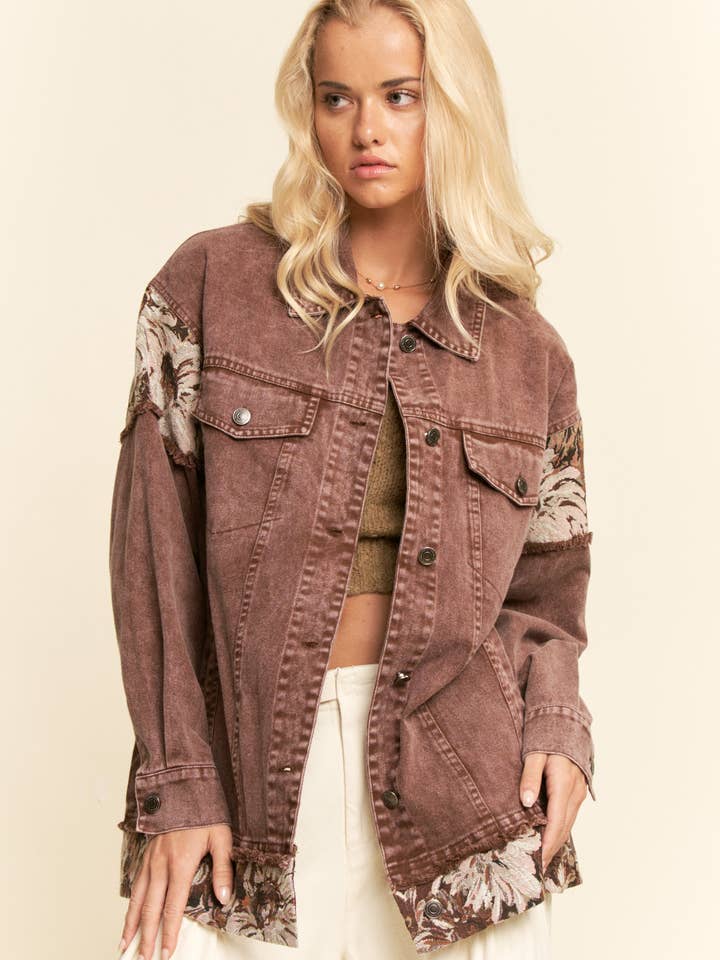 Davi & Dani - Wholesale Jacket - Women's - STONE WASHED DENIM JACQUARD PANEL MIDI JACKET13