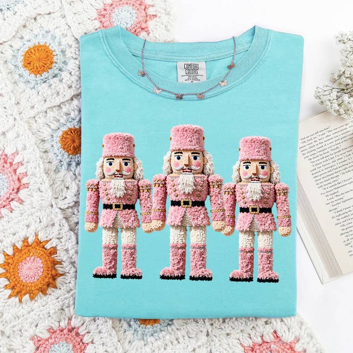 Glaime - Wholesale T-Shirt (Graphic) - Women's - Faux Yarn Crochet Pink Nutcrackers Shirt, Christmas Sweater1