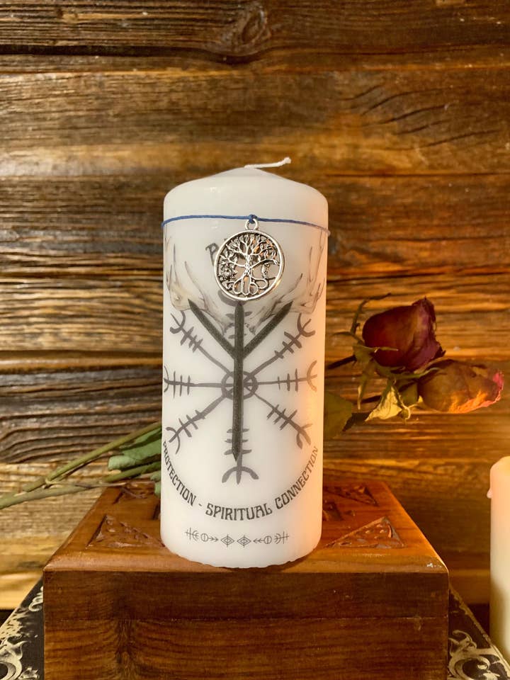 Algiz Rune Pillar Decor Candle for wholesale by Krimson Canvas