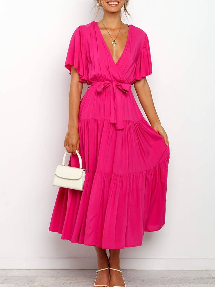 Effortless Bow Waist V-Neck Flowy Maxi Dress for wholesale by HIDDENBRAND