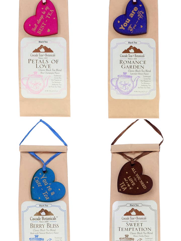 Sort te med en unik træhjertecharm, Valentinsdag for engroshandel hos Cascade Teas & Botanicals