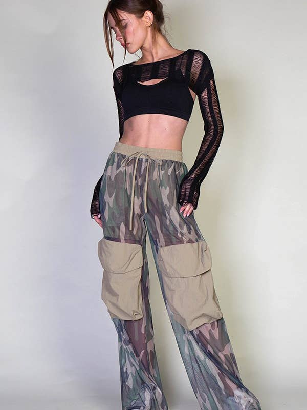 CAMOUFLAGE PRINTED MESH CARGO PANTS for wholesale by Rehab Lab