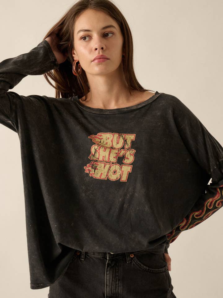 But She's Hot Flames Mineral Wash Graphic Tee for wholesale by Vintage Canvas