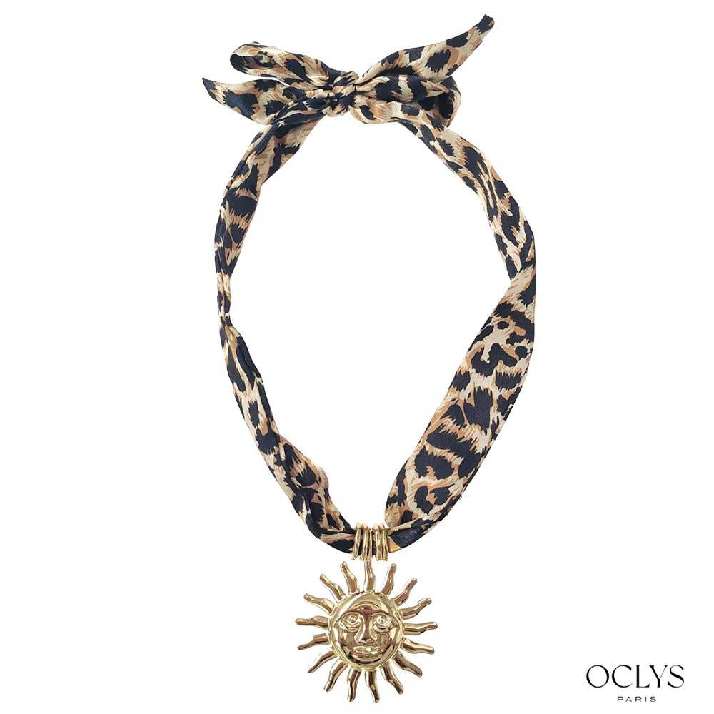 Oclys - Wholesale Woven Necklace - Leopard sun fabric ribbon necklace stainless steel Yina0