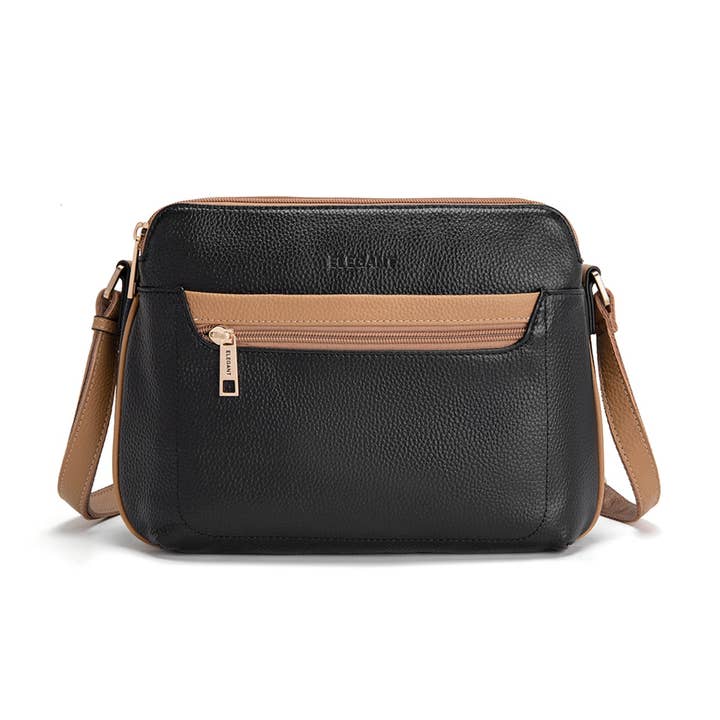 Serenade Beverly Hills Collection - Wholesale Crossbody Bag - Women's - BROOKE TRIPLE COMPARTMENT LEATHER XBODY BAG- E1-0828-BLK/CAM