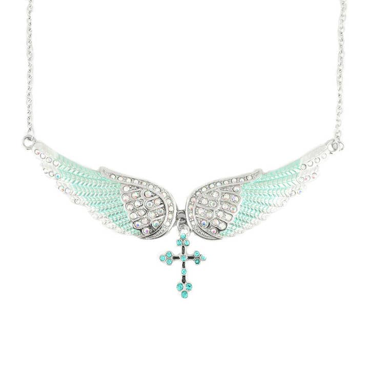 SK2244 Seafoam Green Painted Winged Necklace With Cross White Imitation Crystals for wholesale by Heavy Metal Jewelry