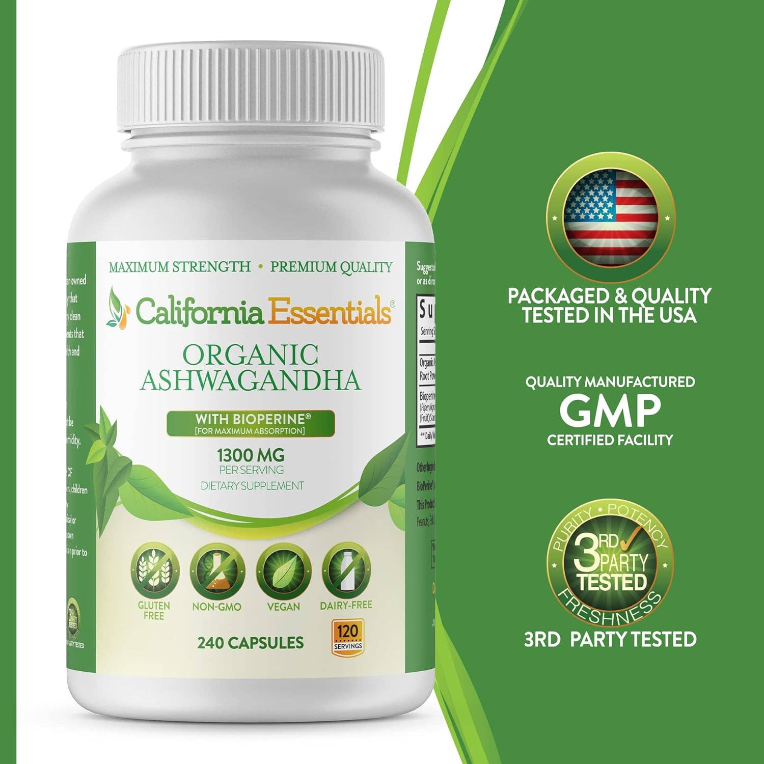 California Essentials - Vendita all'ingrosso Vitamine/integratori orali - Integratore di Ashwagandha Biologica (1300 mg) - Polvere di Radice10