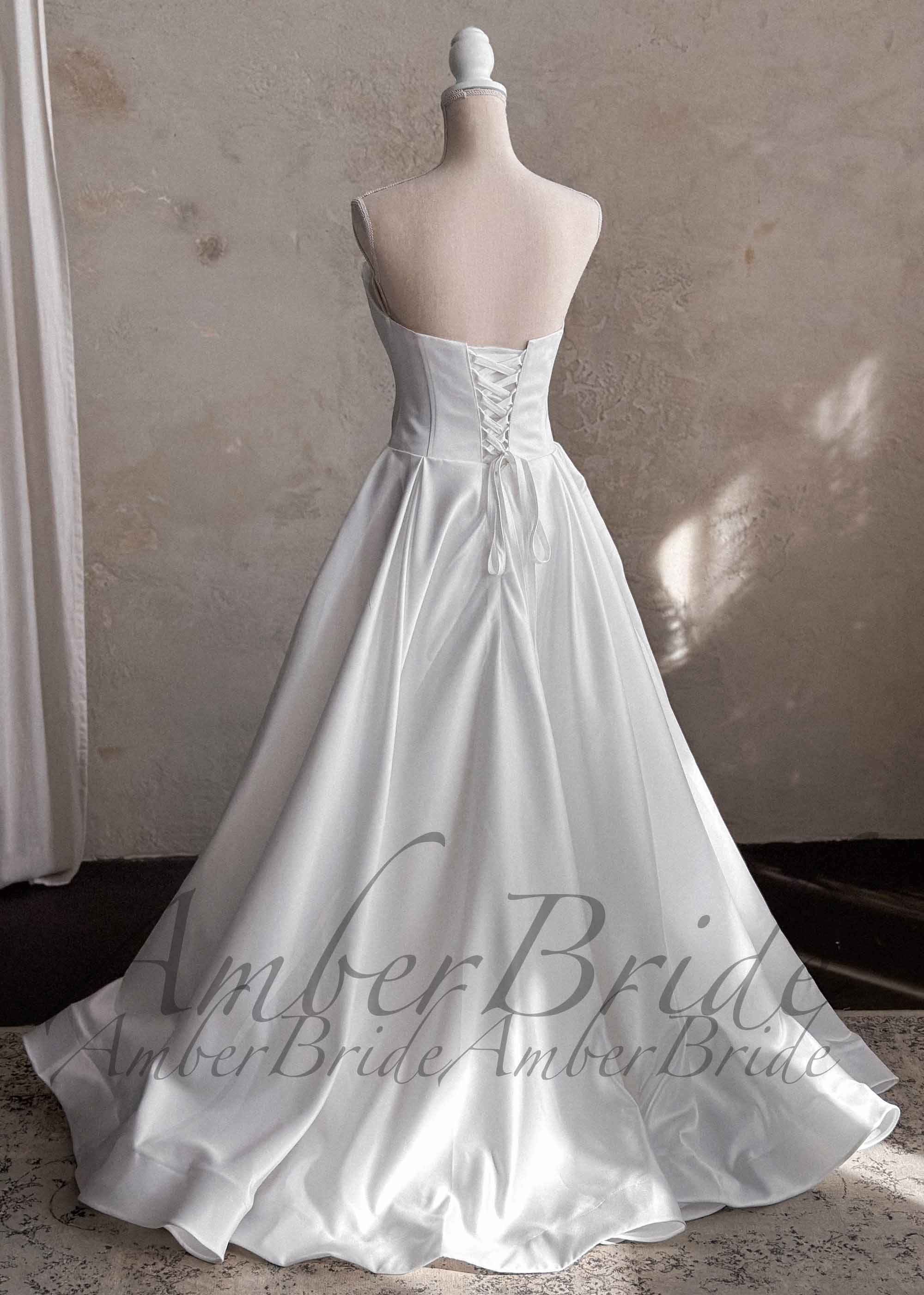 Amber Commerce Group, MB - Wholesale Gown - Women's - Strapless Satin A-Line Wedding Dress with 3D Floral Bust and Corset Back5