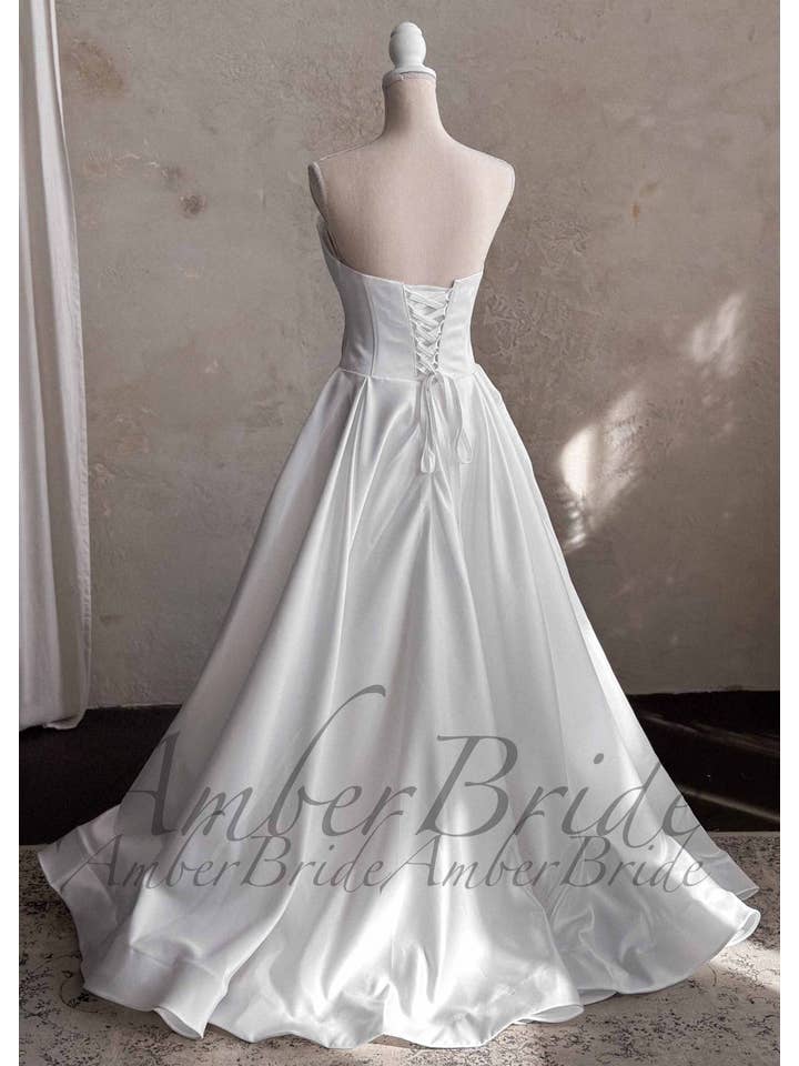 Amber Commerce Group, MB - Wholesale Gown - Women's - Strapless Satin A-Line Wedding Dress with 3D Floral Bust and Corset Back5