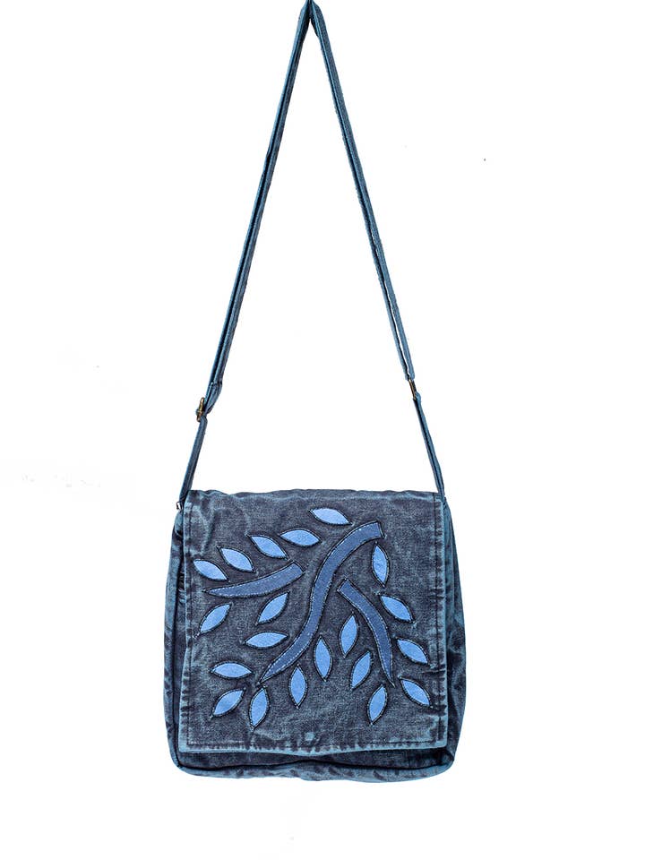 Blue Falling Leaves Cotton Crossbody Flap Bag for wholesale by Earth Divas