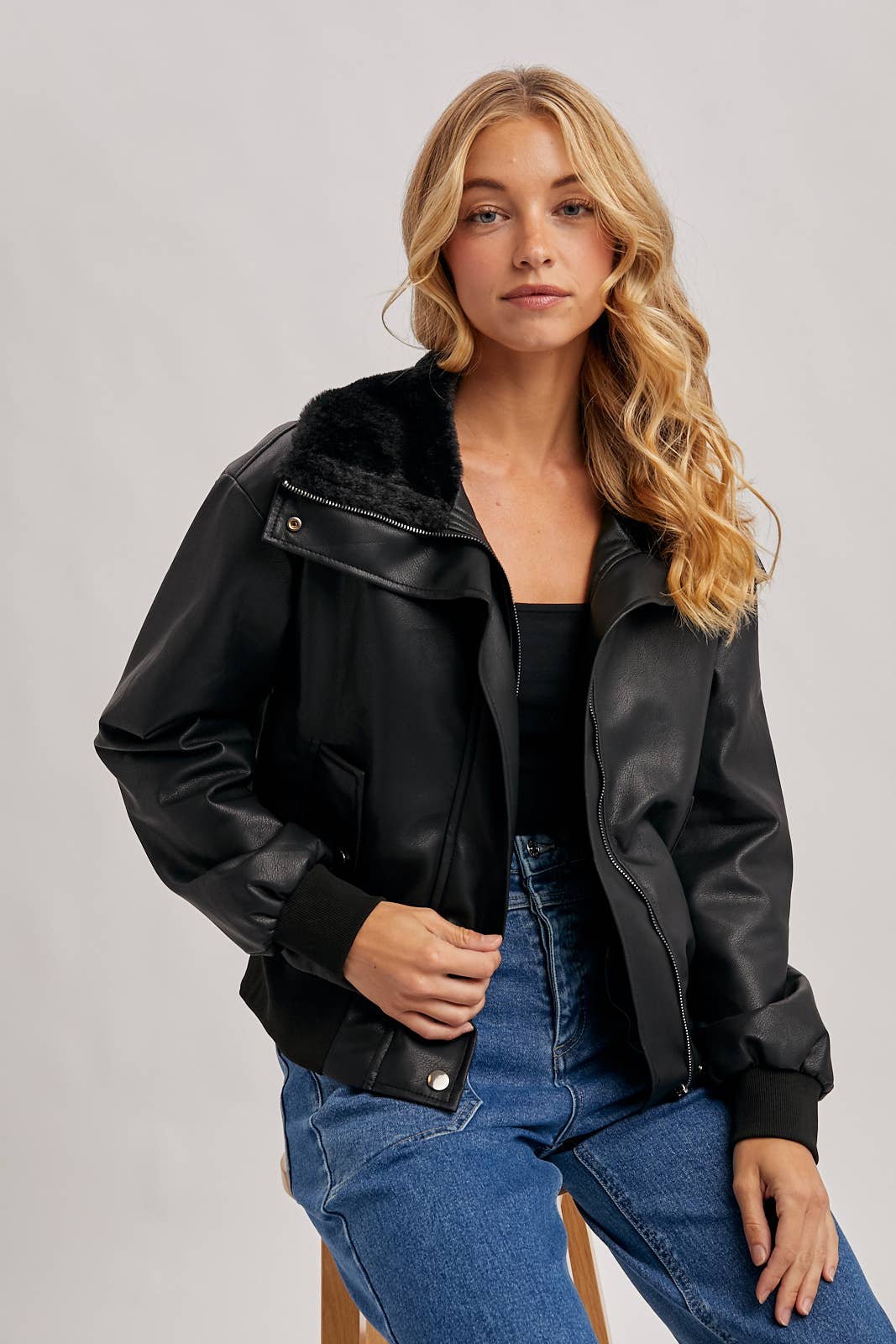 Bluivy - Wholesale Bomber Jacket - Women's - AVIATOR FAUX LEATHER AND FUR TRIMMED BOMBER JACKET10