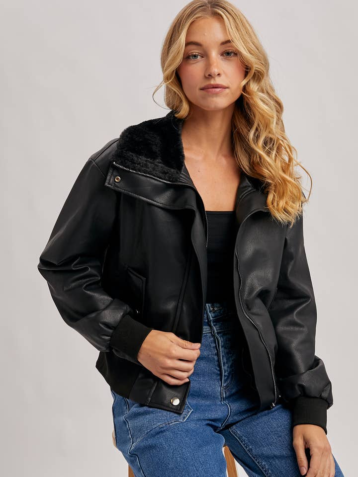 Bluivy - Wholesale Bomber Jacket - Women's - AVIATOR FAUX LEATHER AND FUR TRIMMED BOMBER JACKET10