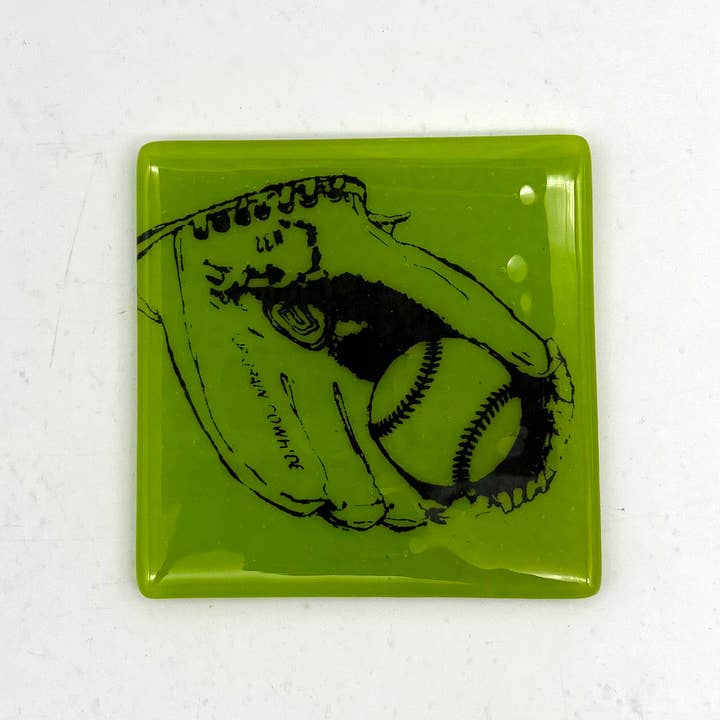 Baseball Fused Glass 4" Single Coaster for wholesale by Kiku Handmade | Contemporary Fused Glass Home Goods