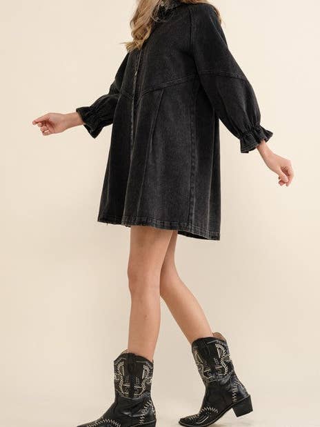 HIDDENBRAND - Wholesale Dress - Women's - Balloon sleeve denim shirt mini dress16