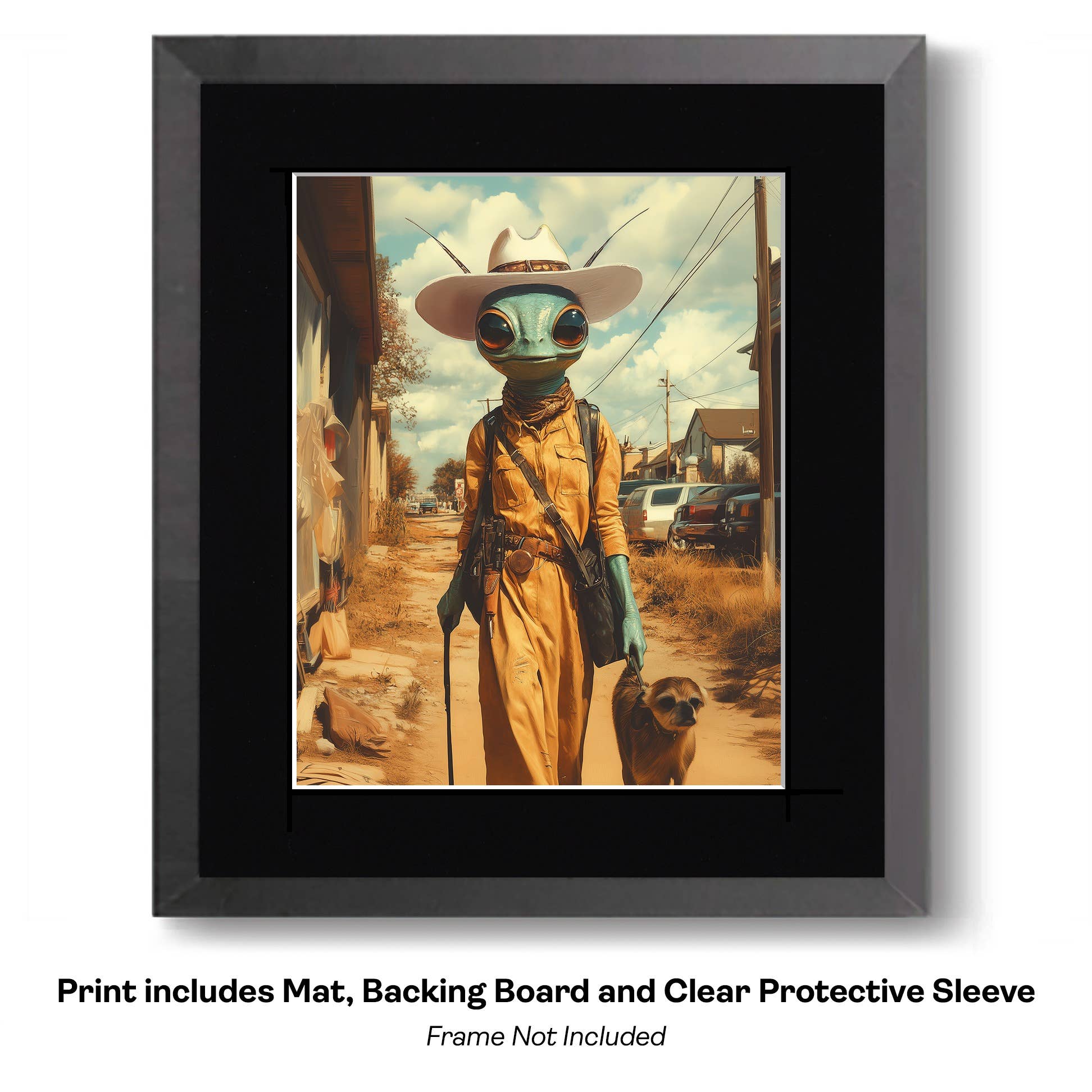 Mowbi – Engroshandel Kunsttryk – Rumvæsen Space Cowgirl Går Tur med Hund i Roswell - Cowgirl Western Kunsttryk 8"x10" Kunstværk til 11"x14" Ramme1