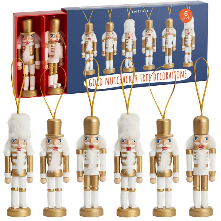 The Twiddlers - Wholesale Christmas Decoration - 6 Gold Wooden Christmas Nutcracker Soldier Ornaments, 10cm