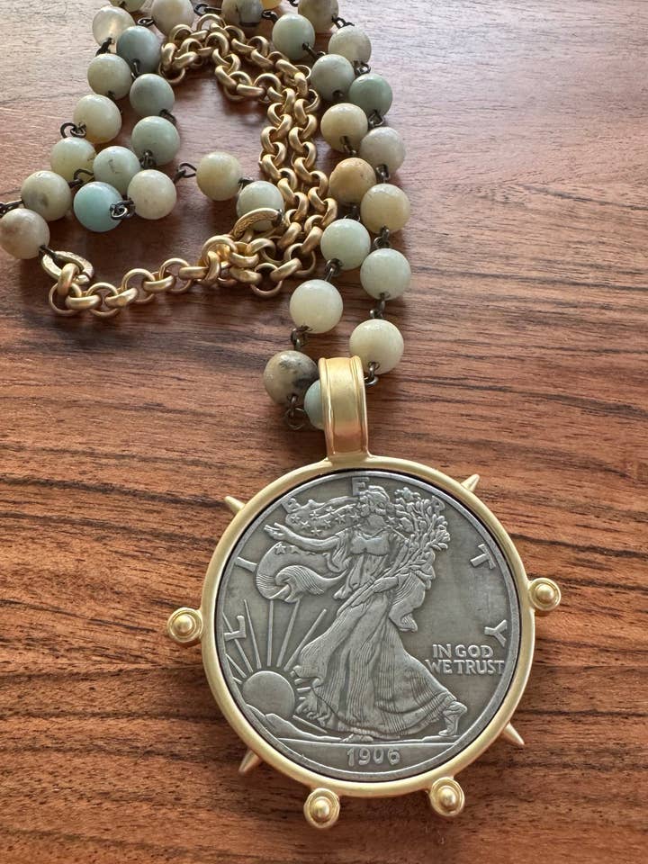 Sage Liberty Coin Medallion Necklace for wholesale by Loulu Designs