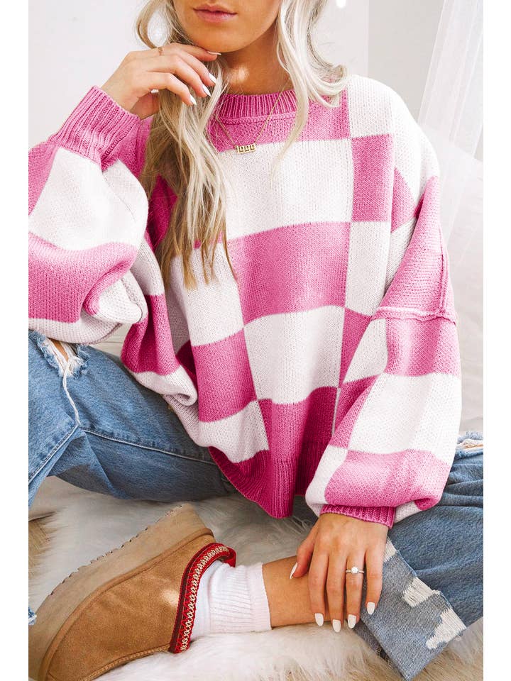 66DISCO - Vente Pull en maille – femme - Pull à manches évêque à carreaux (S-XL)8