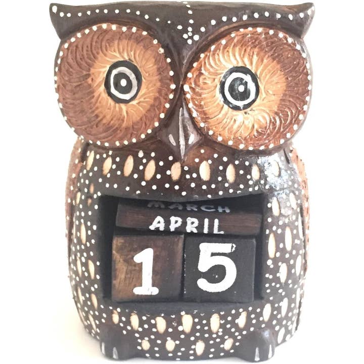 Owl Statue Wood Owl Desktop Calendar Figurine Hand Painted for wholesale by OMA - Eclectic Home