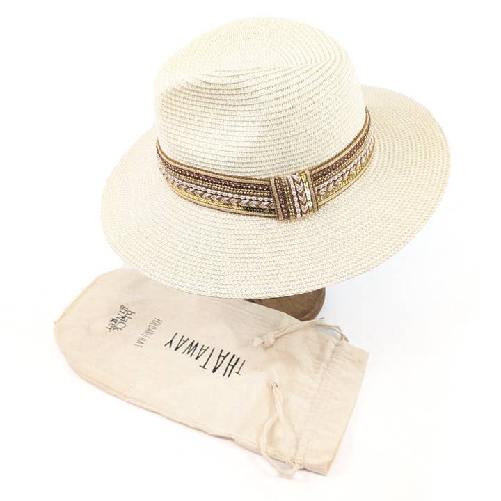 Black Ginger - Wholesale Straw Hat - Women's - Jewelled Band Panama Foldable Hat (57cm) - Natural