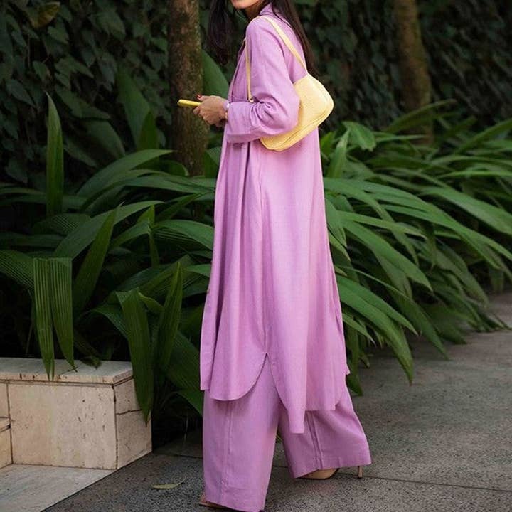 Plush Looks - Wholesale Top & Pant Set (NOT Loungewear) - Women's - Solid Color Long Trench Coat Camisole Wide Leg Pants Set