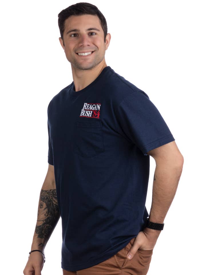 Sport Dark Navy Reagan Bush '84 | Left Chest Pocket Tee for Men Unisex for wholesale on Faire3